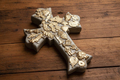 Crown Medium Wooden Cross with Milagros