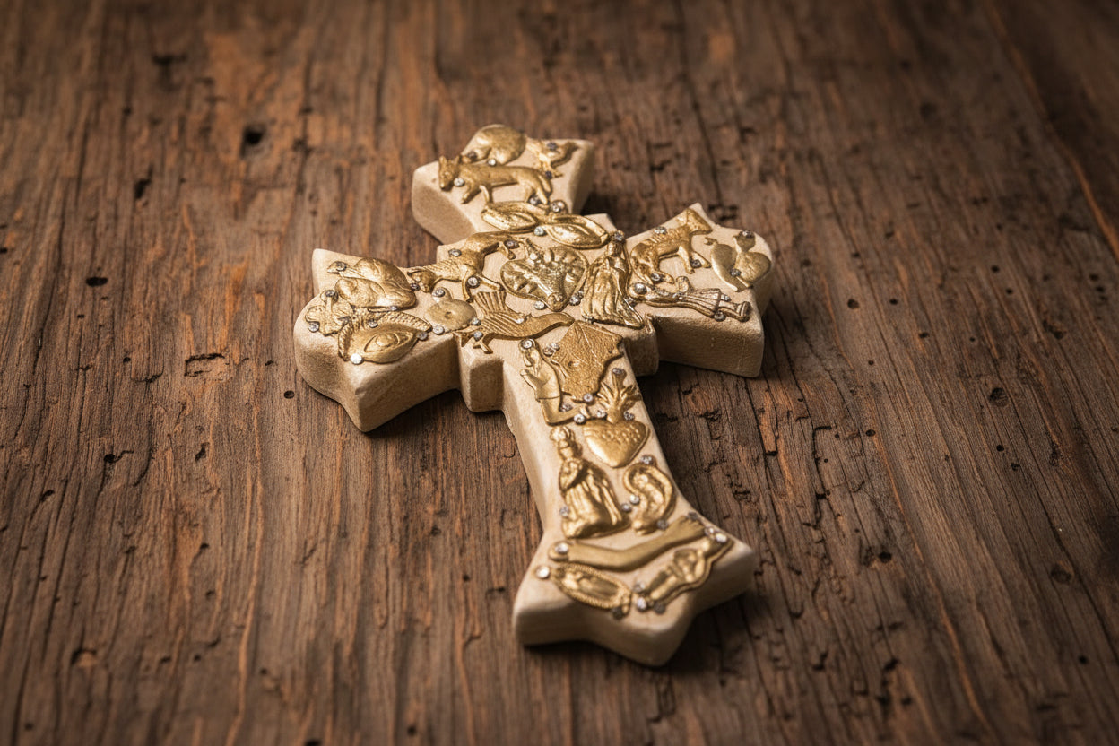 Crown Medium Wooden Cross with Milagros