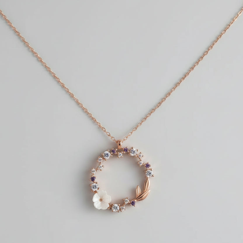Sterling Silver Floral Circle Necklace Rhodium Plated Dainty Pendant
