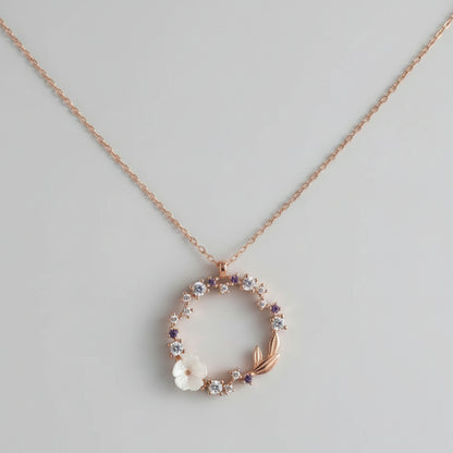 Sterling Silver Floral Circle Necklace Rhodium Plated Dainty Pendant