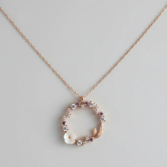 Sterling Silver Floral Circle Necklace Rhodium Plated Dainty Pendant