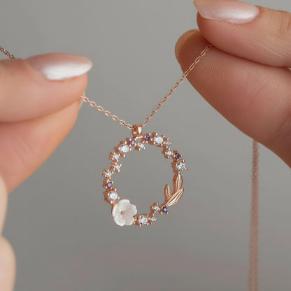 Sterling Silver Floral Circle Necklace Rhodium Plated Dainty Pendant