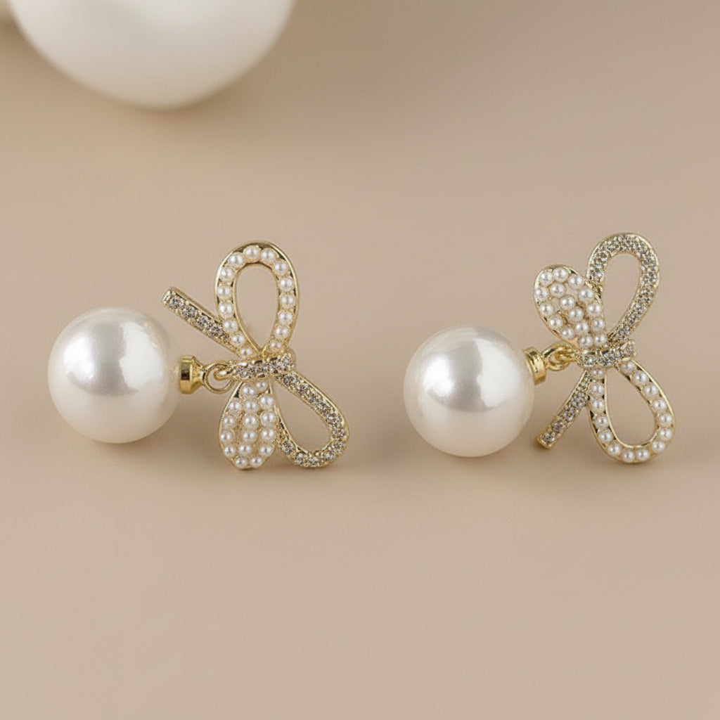 French Retro Zircon Bow Pearl Earrings
