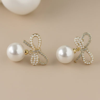 French Retro Zircon Bow Pearl Earrings