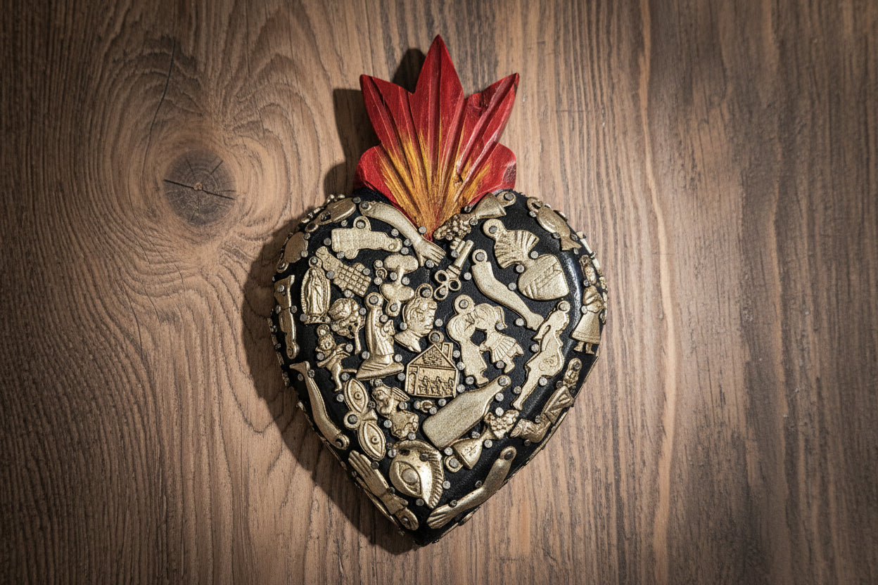 Wooden Sacred Heart with Milagros