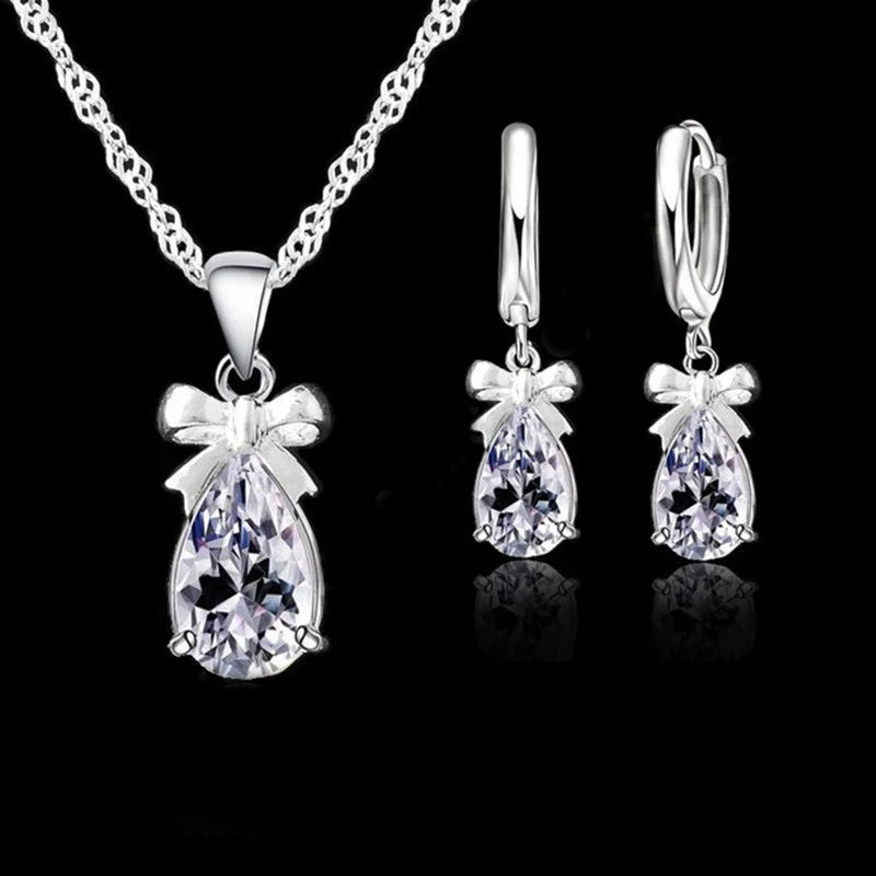 Sterling Silver White Stone Cubic Zirconia Dangle Earring and Pendant Set