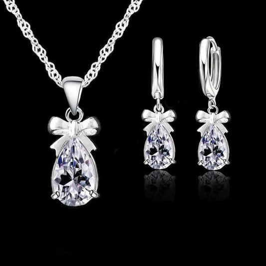Sterling Silver White Stone Cubic Zirconia Dangle Earring and Pendant Set