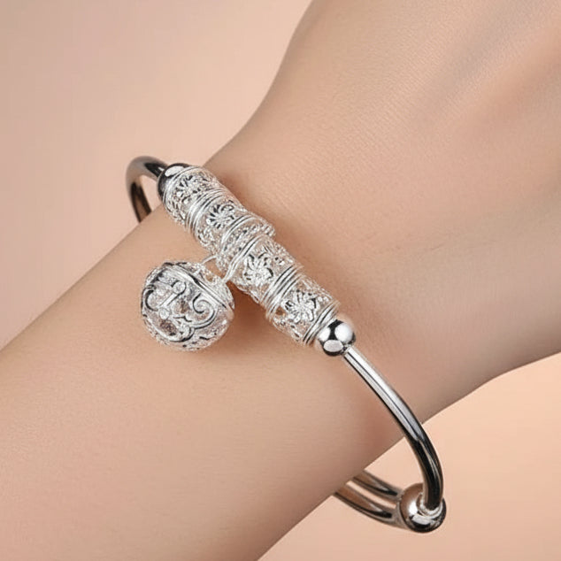 Fine 925 Sterling Silver Hollow Bells Ball Bangles Adjustable Bracelets for Women