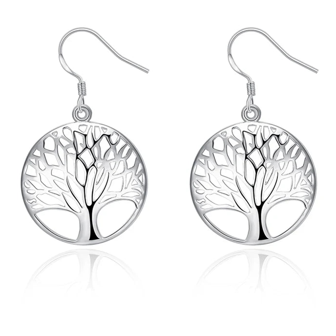 New Hollow Carved Round Tree Silver Color  Earrings