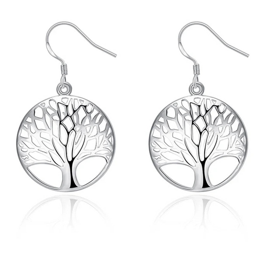 New Hollow Carved Round Tree Silver Color  Earrings