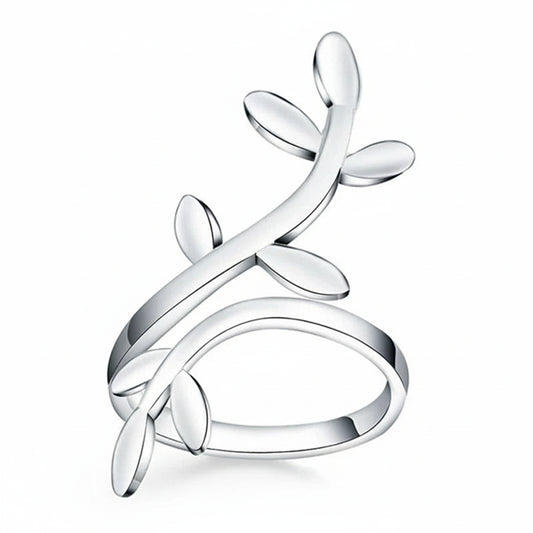 Adjustable Rattan Leaves Rings Silver Color