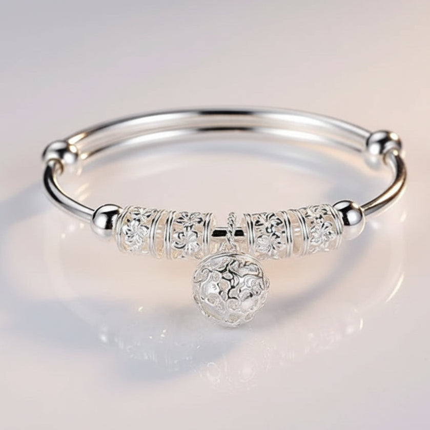 Fine 925 Sterling Silver Hollow Bells Ball Bangles Adjustable Bracelets for Women
