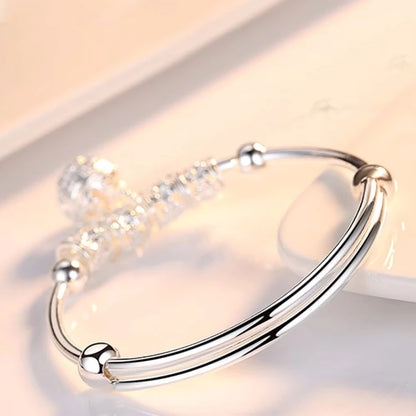 Fine 925 Sterling Silver Hollow Bells Ball Bangles Adjustable Bracelets for Women