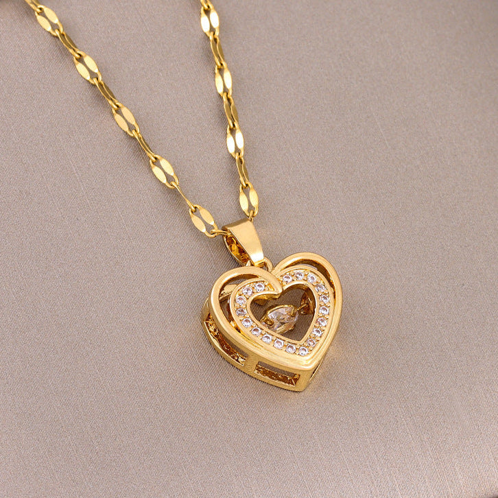 Double-layer Love Necklace With Rhinestones Titanium Steel Pendant