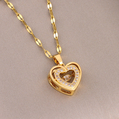 Double-layer Love Necklace With Rhinestones Titanium Steel Pendant