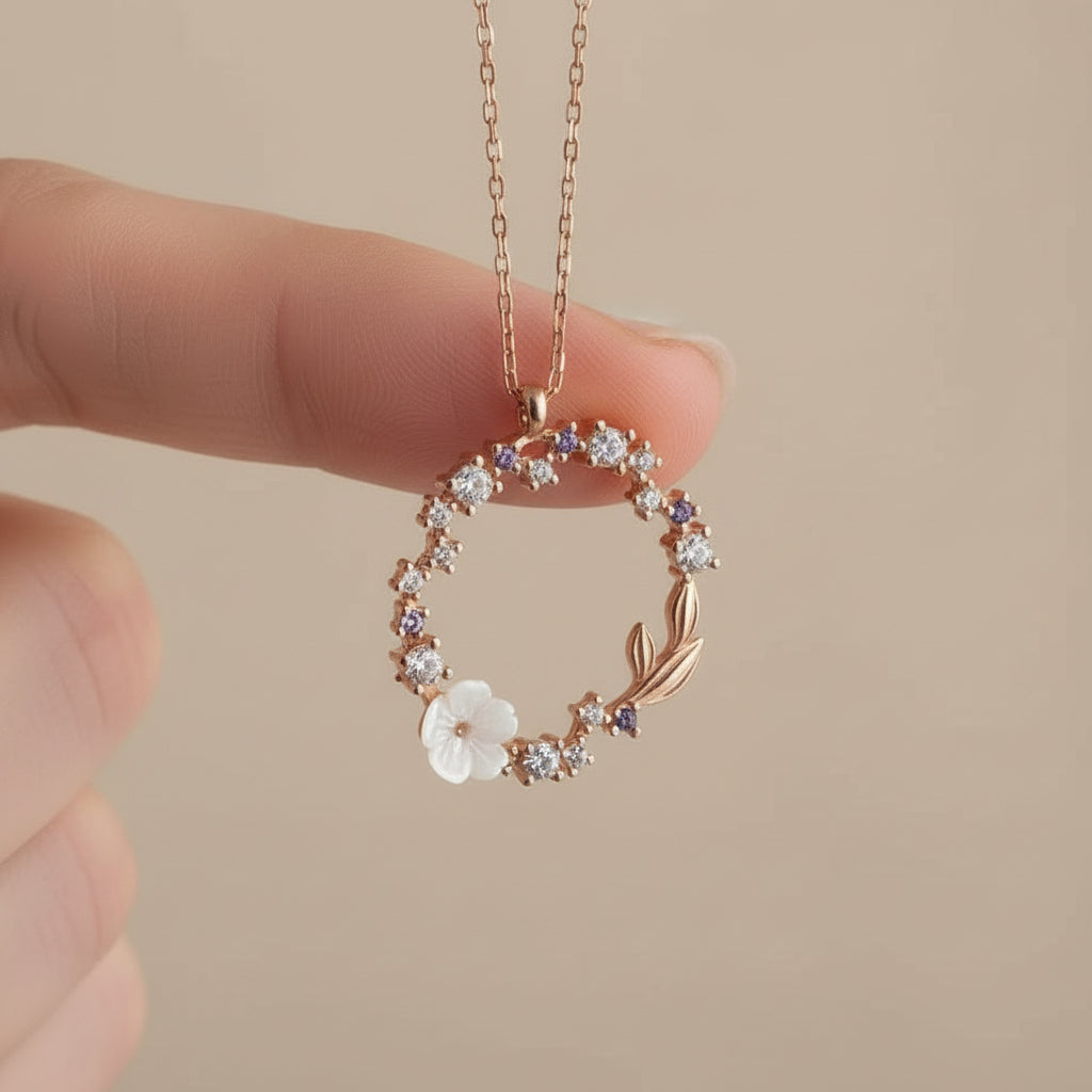 Sterling Silver Floral Circle Necklace Rhodium Plated Dainty Pendant